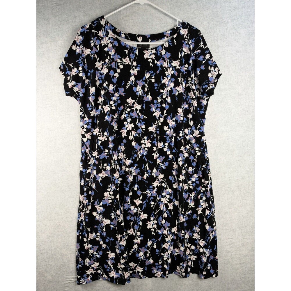 J. Jill Wearever Collection Dress Petite Large Black Floral Short Slv Pockets